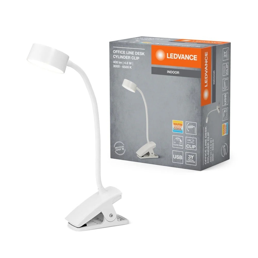 Ledvance - LED zatemnjevalna namizna svetilka s tipko na dotik in sponko CYLINDER LED/4,8W/5V 3000-6500K bela
