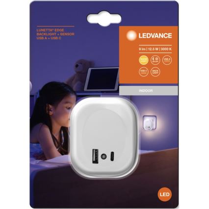 Ledvance - LED Nočna luč s senzorjem za vtičnico in USB LUNETTA LED/12,5W/230V bela