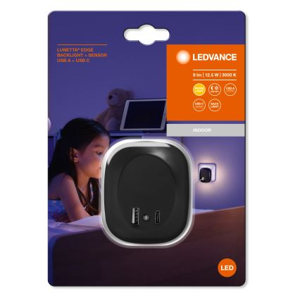 Ledvance - LED Nočna luč s senzorjem za vtičnico in USB LUNETTA LED/12,5W/230V črna