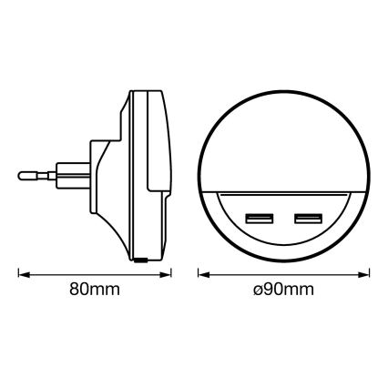 Ledvance - LED Nočna svetilka za vtičnico s senzorjem LUNETTA 2xUSB LED/13W/230V