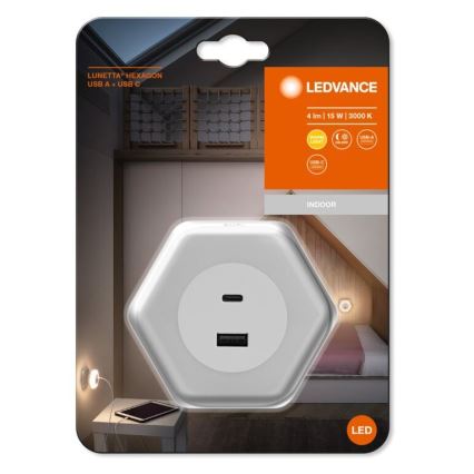 Ledvance - LED Orientacijska svetilka za vtičnico z USB LUNETTA LED/15W/230V