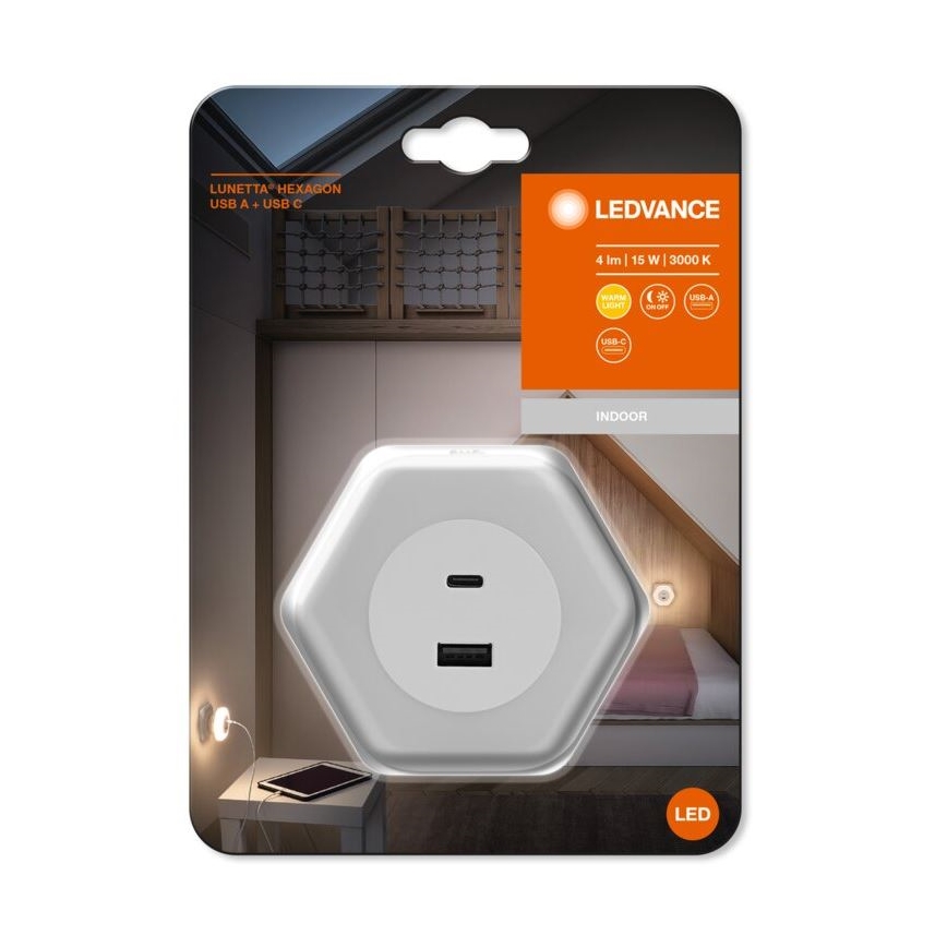Ledvance - LED Orientacijska svetilka za vtičnico z USB LUNETTA LED/15W/230V