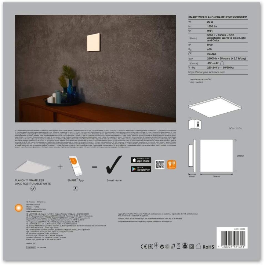 Ledvance - LED RGB+TW Zatemnitvena stropna svetilka SMART+ FRAMELESS LED/20W/230V 3000K-6500K Wi-Fi