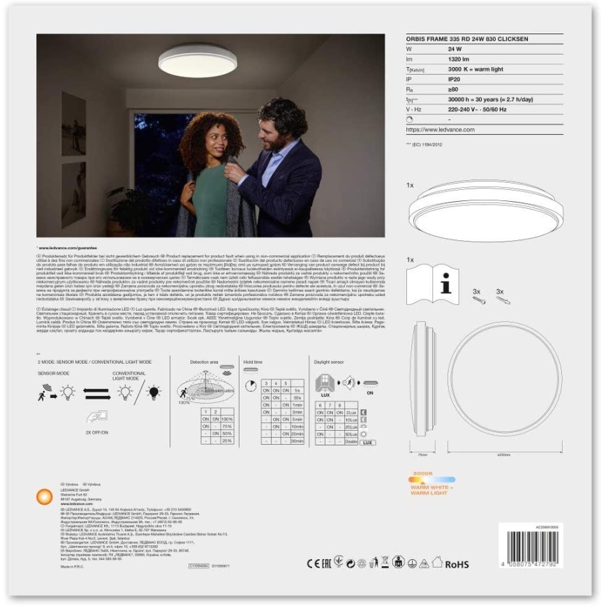 Ledvance - LED Stropna svetilka s senzorjem ORBIS LED/24W/230V 3000K