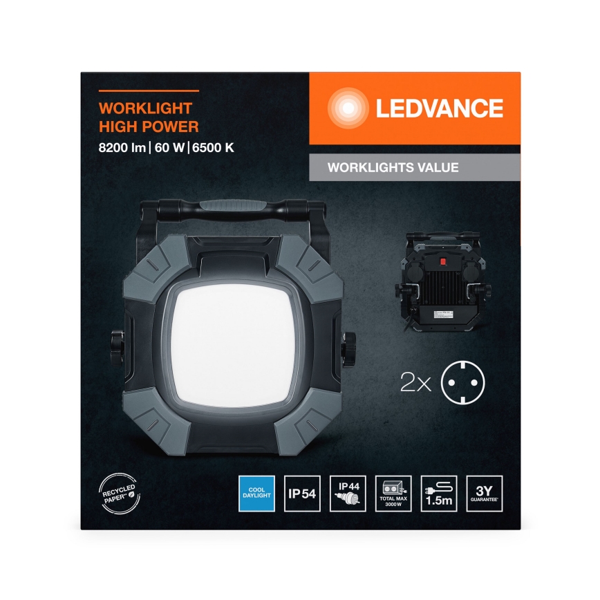 Ledvance - LED Zatemnitven delo svetel z 2 vtičnicama WORKLIGHT VALUE LED/60W/230V IP54