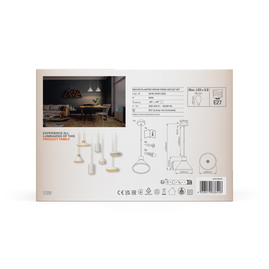 Ledvance - Lestenec na vrvici DECOR PLASTER 1xE27/25W/230V pr. 22 cm mavec bela