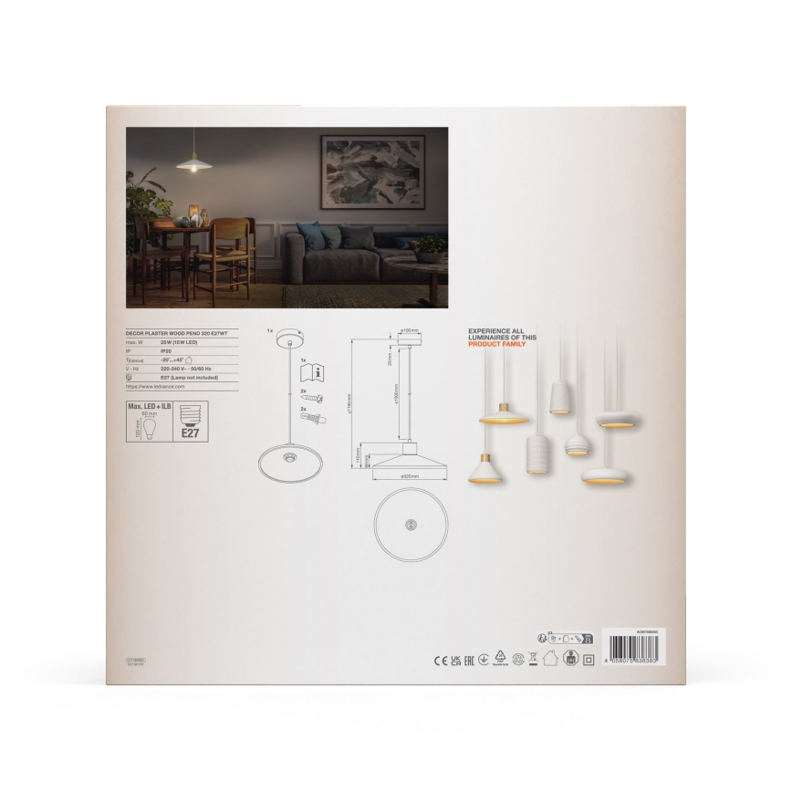 Ledvance - Lestenec na vrvici DECOR PLASTER 1xE27/25W/230V pr. 32 cm mavec bela
