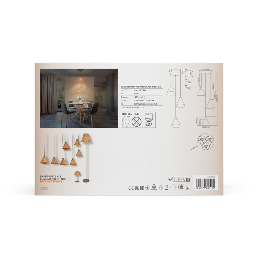 Ledvance - Lestenec na vrvici DECOR RAFFIA 3xE27/15W/230V raffia bast