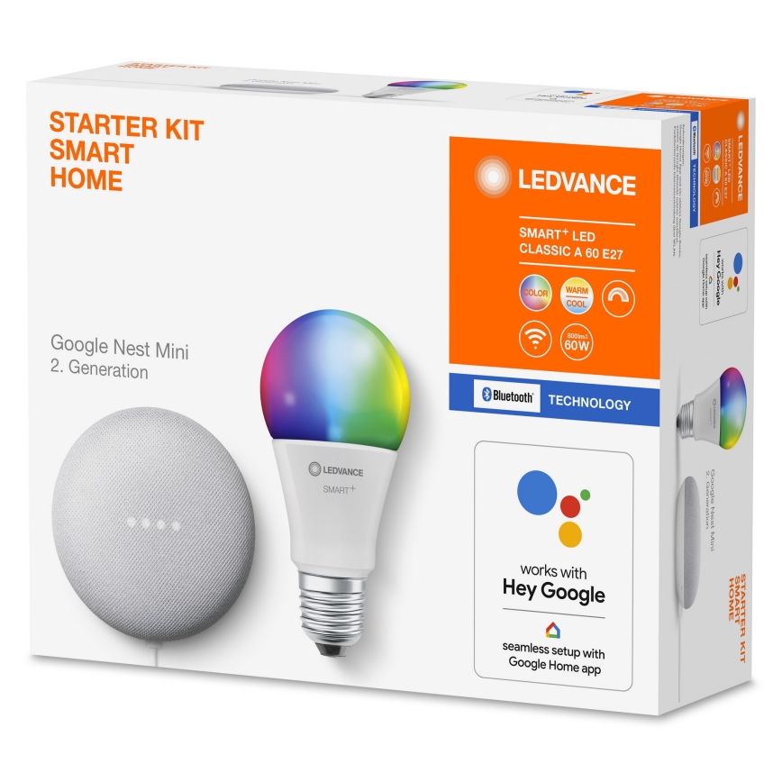 Ledvance - Pametni zvočnik Google Nest Mini + LED RGBW Zatemnitvena žarnica SMART+ A60 E27/10W/230V 2000 - 6500K