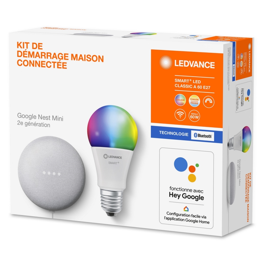 Ledvance - Pametni zvočnik Google Nest Mini + LED RGBW Zatemnitvena žarnica SMART+E27/10W/230V 2000-6500K