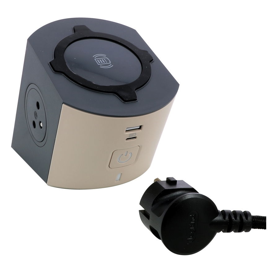 Legrand 049402 - Razdelilnik vtičnic s stikalom 2Z Tip E + USB-A + USB-C in brezžično polnjenje 10W 2m rjava