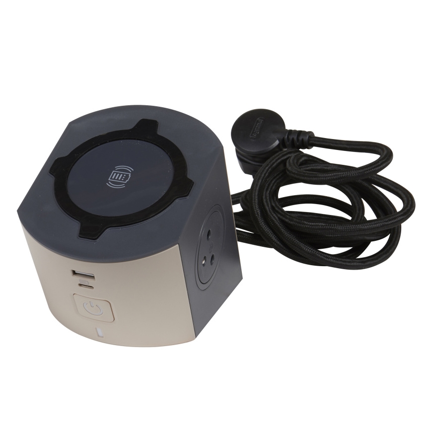 Legrand 049402 - Razdelilnik vtičnic s stikalom 2Z Tip E + USB-A + USB-C in brezžično polnjenje 10W 2m rjava