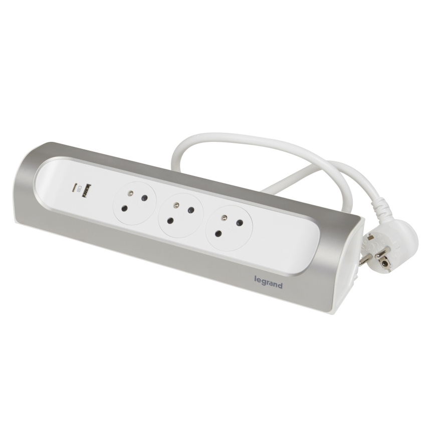 Legrand 049406 - Podaljšek 3Z Tip E + USB-A + USB-C 1m srebrna/bela