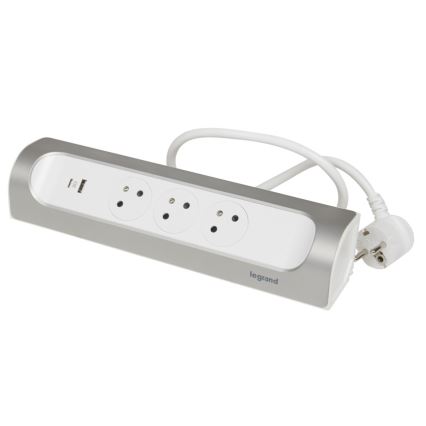 Legrand 049406 - Podaljšni kabel s 3 vtičnicami, tip E + USB-A + USB-C, 1 m, srebrna/bela