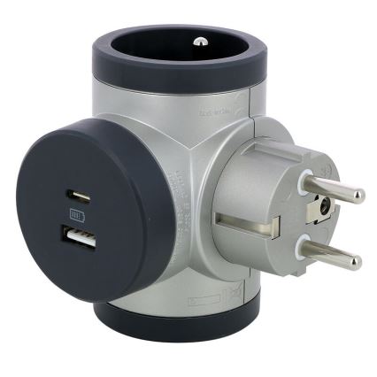 Legrand 049439 - Razdelilna vtičnica vrtljivi 2Z Tip E, F + USB-A + USB-C srebrna/črna
