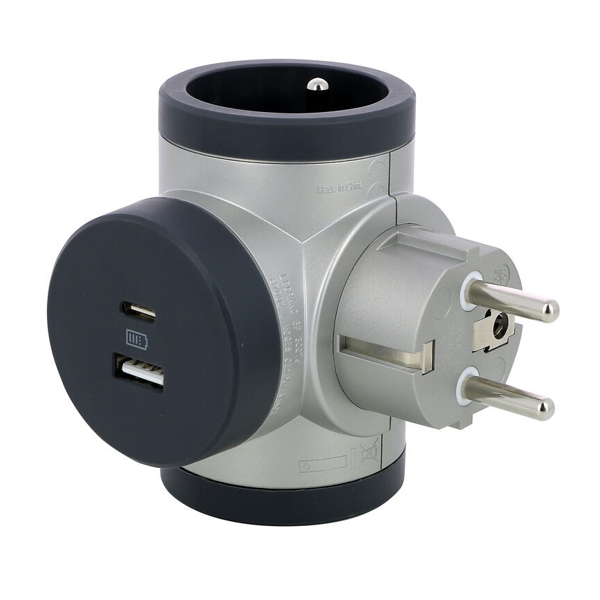 Legrand 049439 - Razdelilna vtičnica vrtljivi 2Z Tip E, F + USB-A + USB-C srebrna/črna