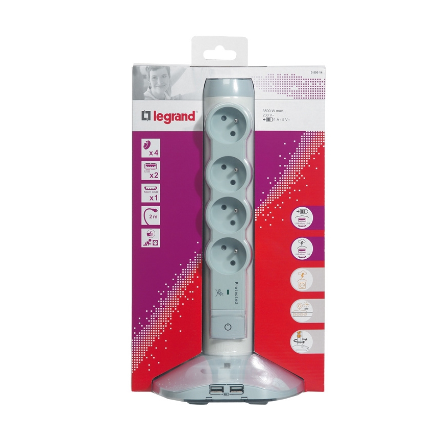 Legrand 50014 - Zunanji razdelilnik 230V/16A, 4x2P+T + 3xUSB, 2M