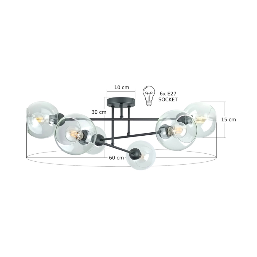Lestenec na drogu VASCO 6xE27/60W/230V črna/prozorna