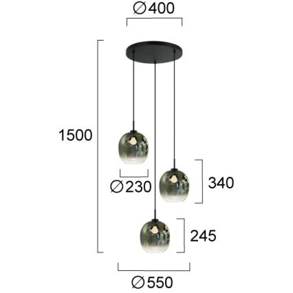Lestenec na kablu MIRROR 3xE27/14W/230V dimno zelene barve
