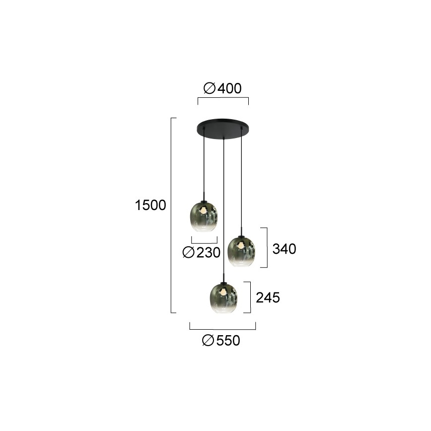 Lestenec na kablu MIRROR 3xE27/14W/230V dimno zelene barve