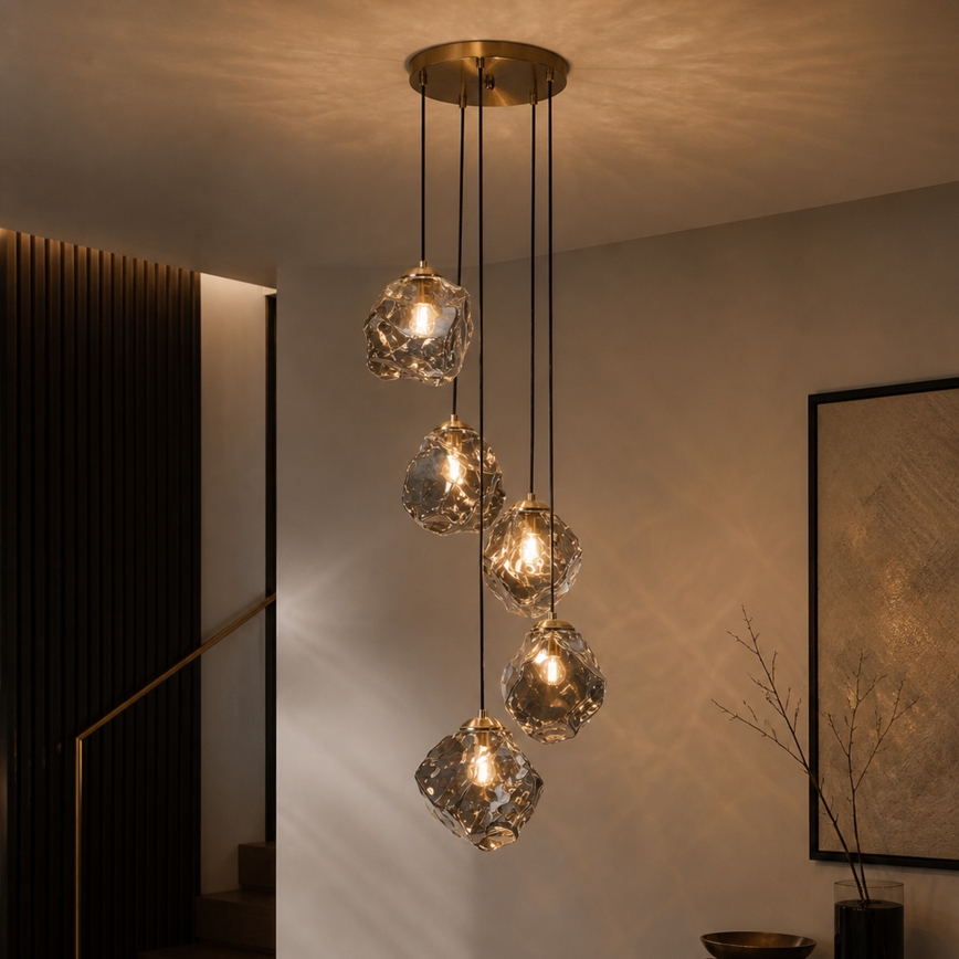 Lestenec na lanku CRISTAL 5xE14/15W/230V medenina/dimna črna