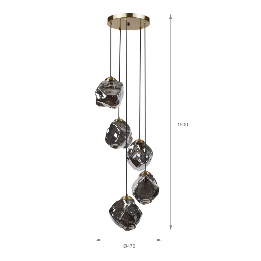 Lestenec na lanku CRISTAL 5xE14/15W/230V medenina/dimna črna