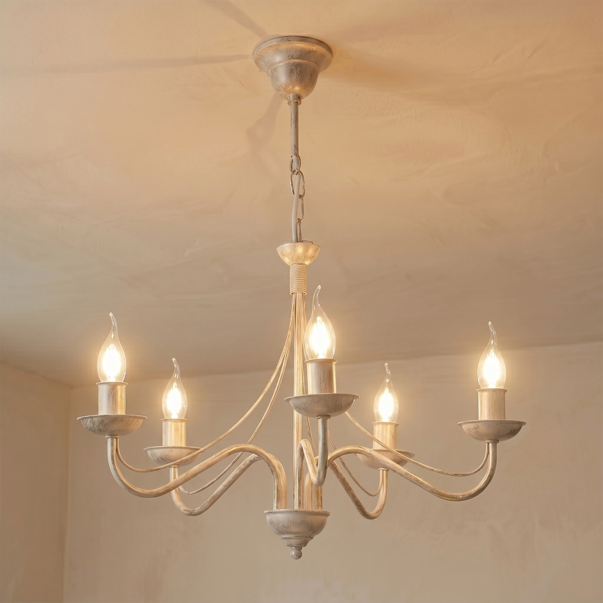 Lestenec na verigi ANTON 5xE14/60W/230V bela patina