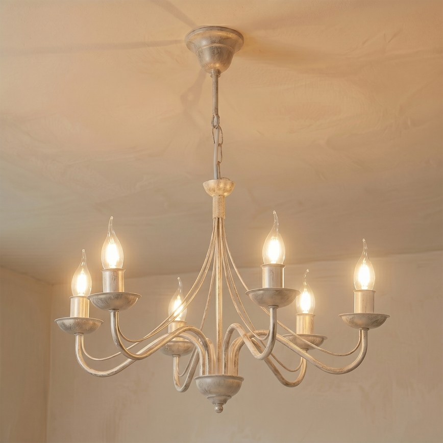 Lestenec na verigi ANTON 6xE14/60W/230V bela patina