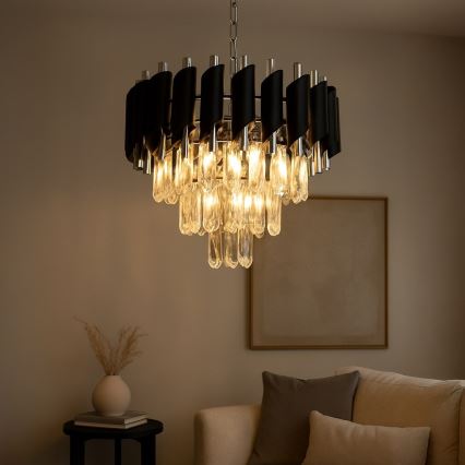 Lestenec na verigi CRISTAL 5xE14/10W/230V črna/matni krom