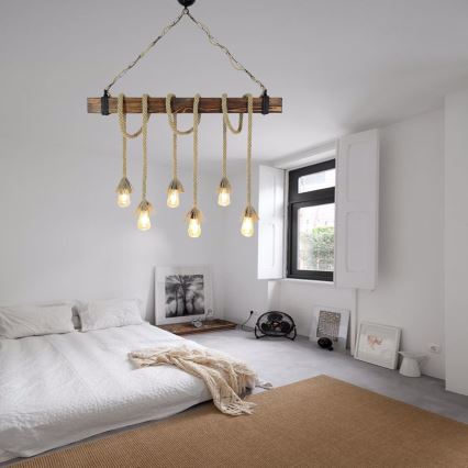 Lestenec na vrvi KUTUK 6xE27/40W/230V borov les