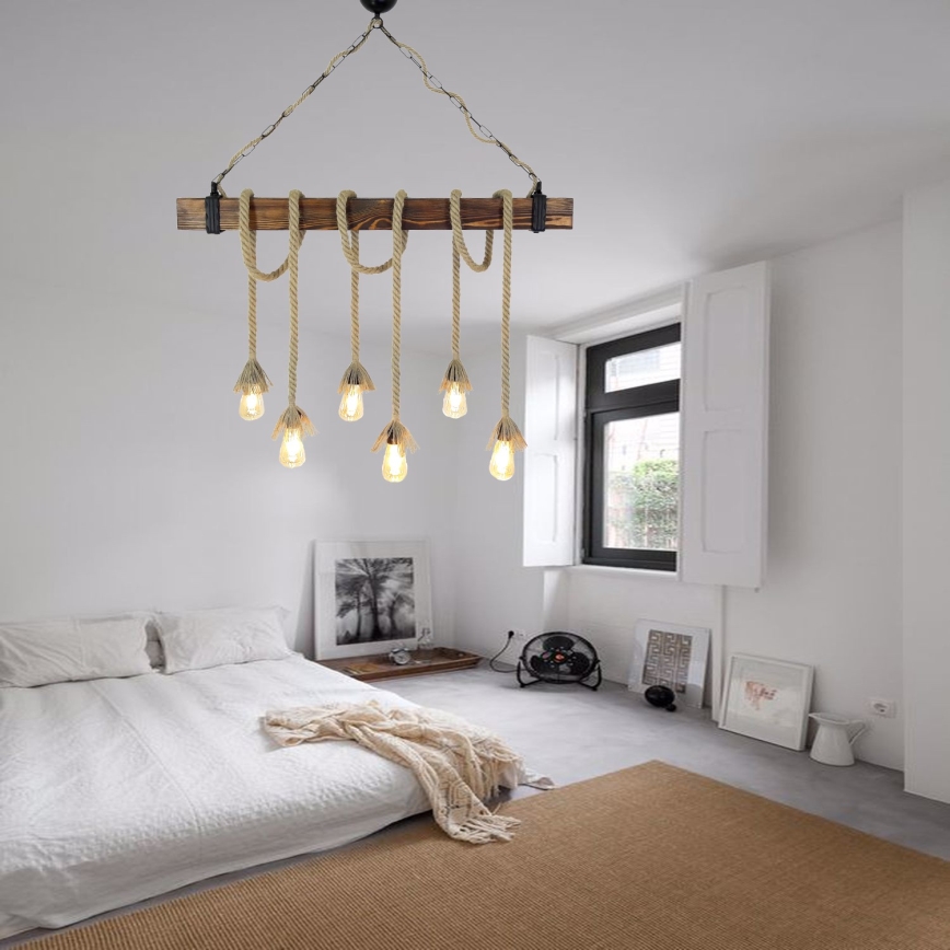Lestenec na vrvi KUTUK 6xE27/40W/230V borov les