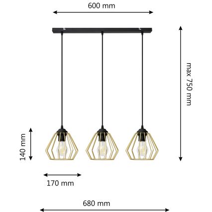Lestenec na vrvici AGAT 3xE27/15W/230V zlata/črna