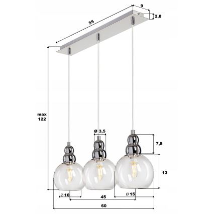 Lestenec na vrvici AKSO 3xE14/40W/230V mat krom