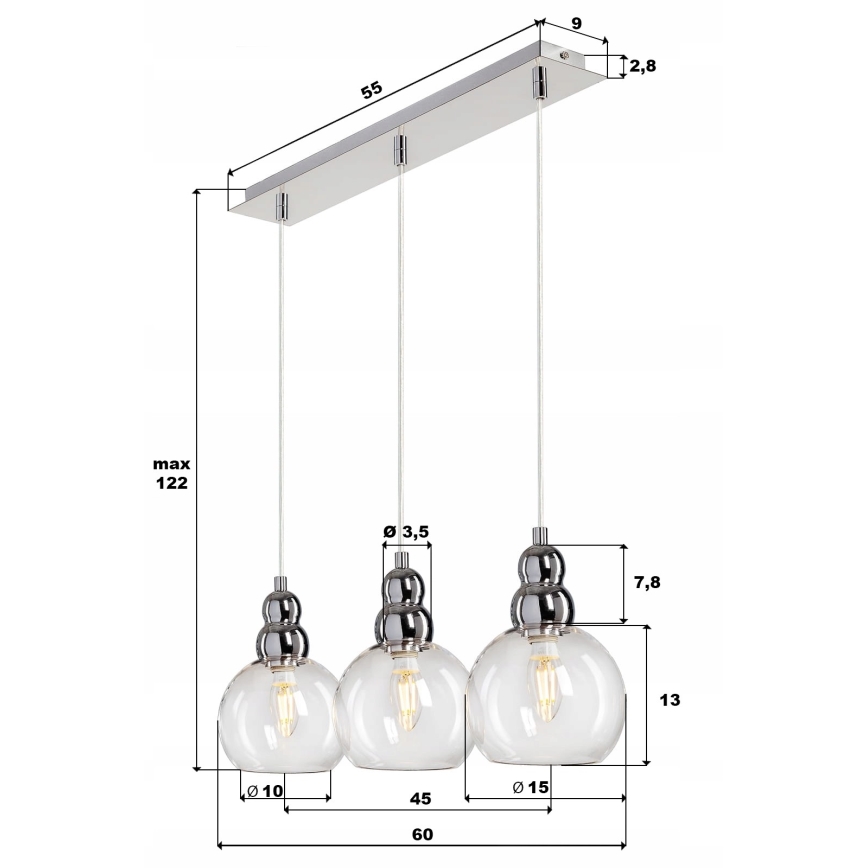 Lestenec na vrvici AKSO 3xE14/40W/230V mat krom