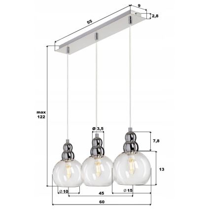 Lestenec na vrvici AKSO 3xE14/40W/230V srebrna