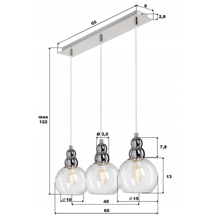 Lestenec na vrvici AKSO 3xE14/40W/230V srebrna