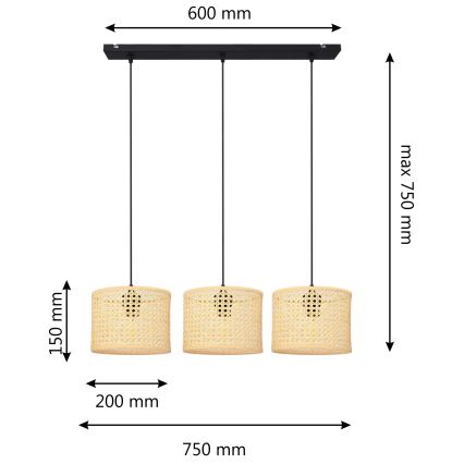 Lestenec na vrvici ALBA 3xE27/15W/230V ratan/črna