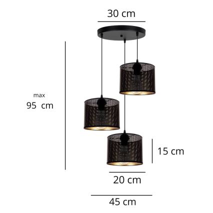 Lestenec na vrvici ALDO 3xE27/60W/230V premer 45 cm črna