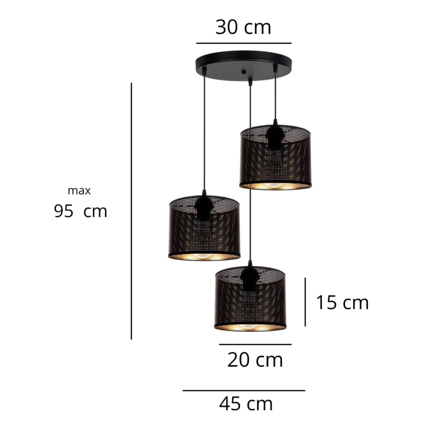 Lestenec na vrvici ALDO 3xE27/60W/230V premer 45 cm črna