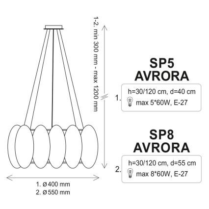 Lestenec na vrvici AURORA 8xE27/60W/230V