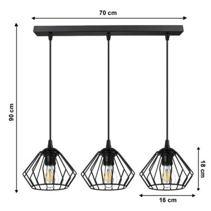 Lestenec na vrvici CEED 3xE27/60W/230V črna