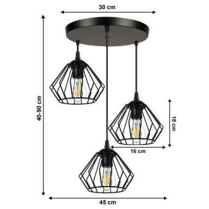 Lestenec na vrvici CEED 3xE27/60W/230V črna