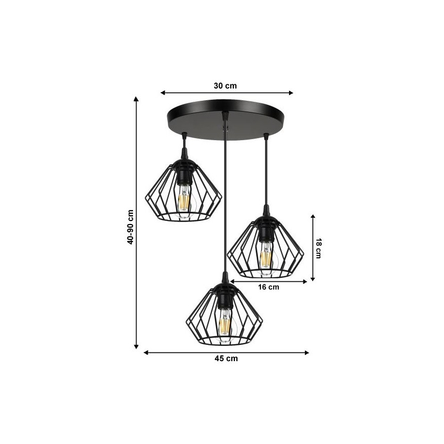 Lestenec na vrvici CEED 3xE27/60W/230V črna