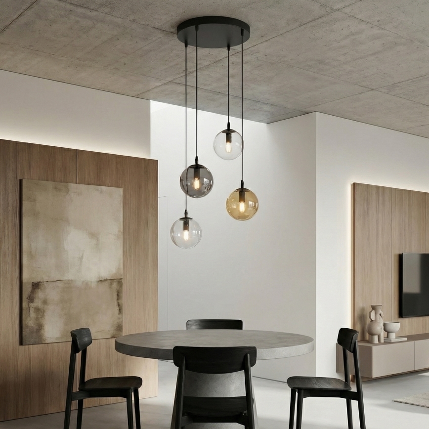 Lestenec na vrvici COSMO 4xE14/10W/230V pr. 40 cm črna/siva/bež/prozorna