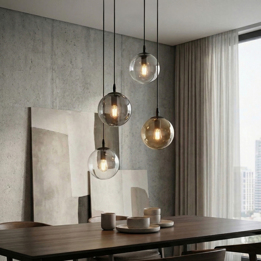 Lestenec na vrvici COSMO 4xE14/10W/230V pr. 40 cm črna/siva/bež/prozorna