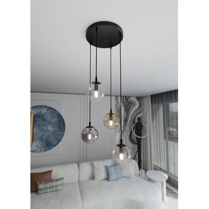 Lestenec na vrvici COSMO 4xE14/10W/230V pr. 40 cm črna/siva/bež/prozorna