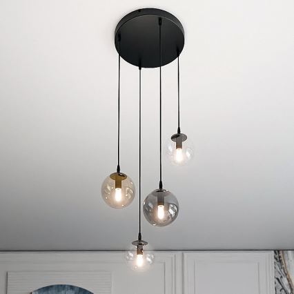 Lestenec na vrvici COSMO 4xE14/10W/230V pr. 40 cm črna/siva/bež/prozorna