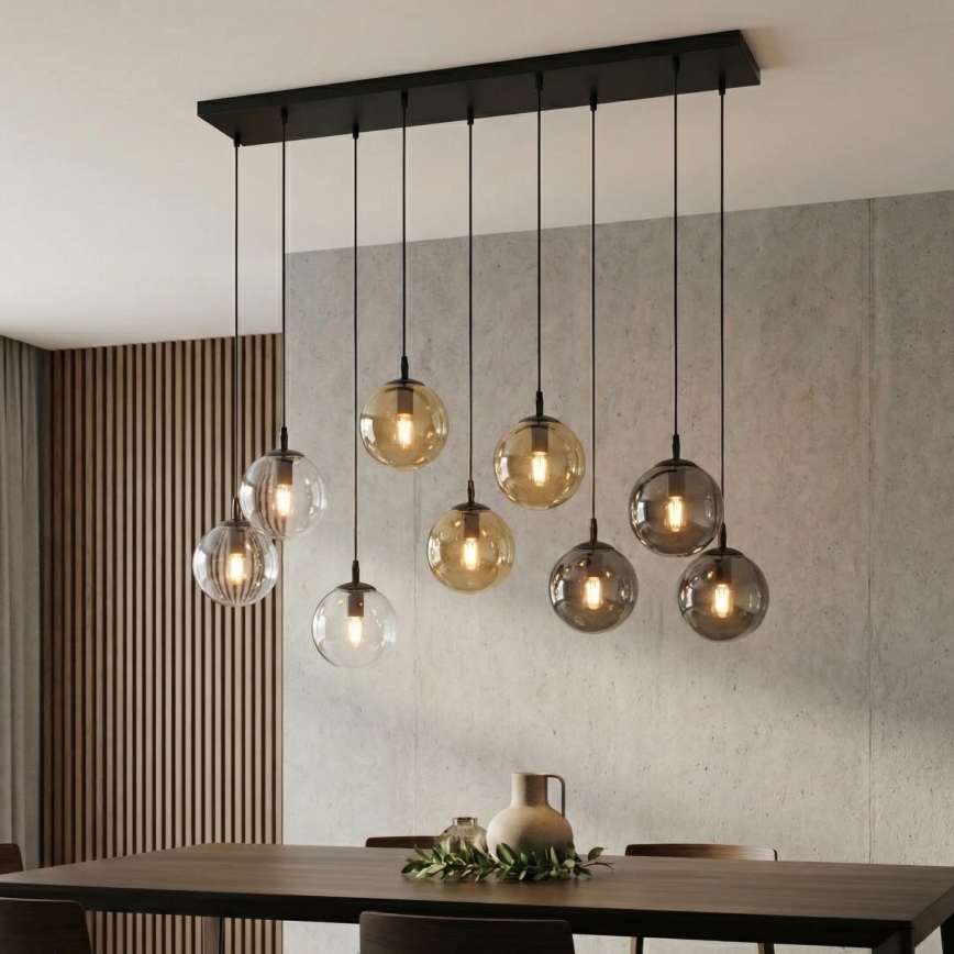 Lestenec na vrvici COSMO 9xE14/10W/230V črna/siva/bež/prozorna