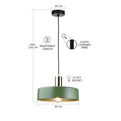 Lestenec na vrvici HAKI 1xE27/60W/230V zelena/črna/sijajni krom