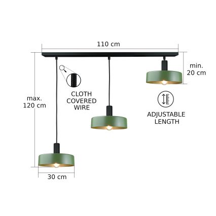 Lestenec na vrvici HAKI 3xE27/60W/230V zelena/črna